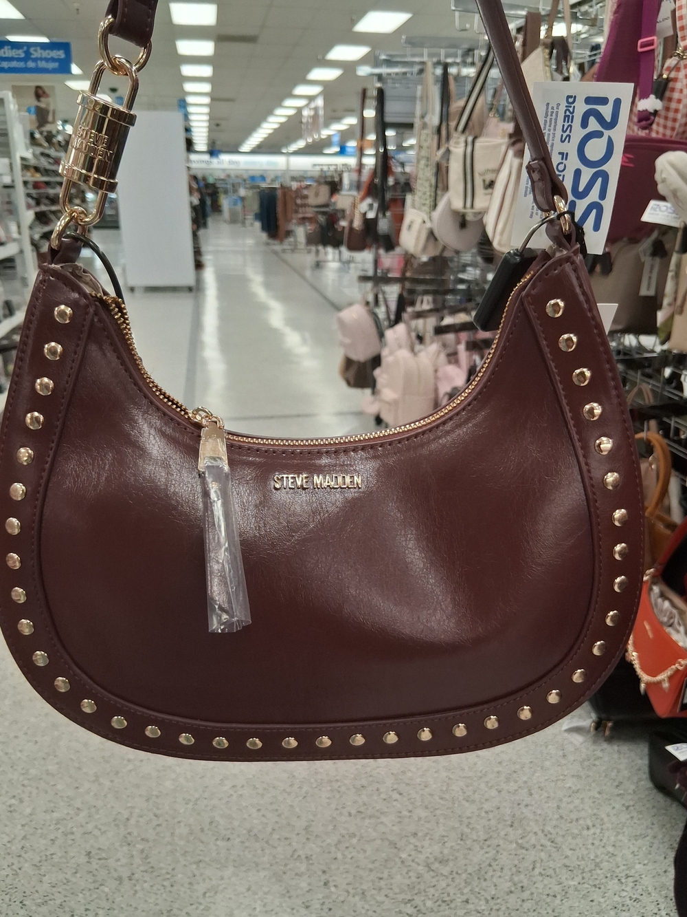 Steve Madden Maroon Crescent Shoulder Bag with Gold Studs